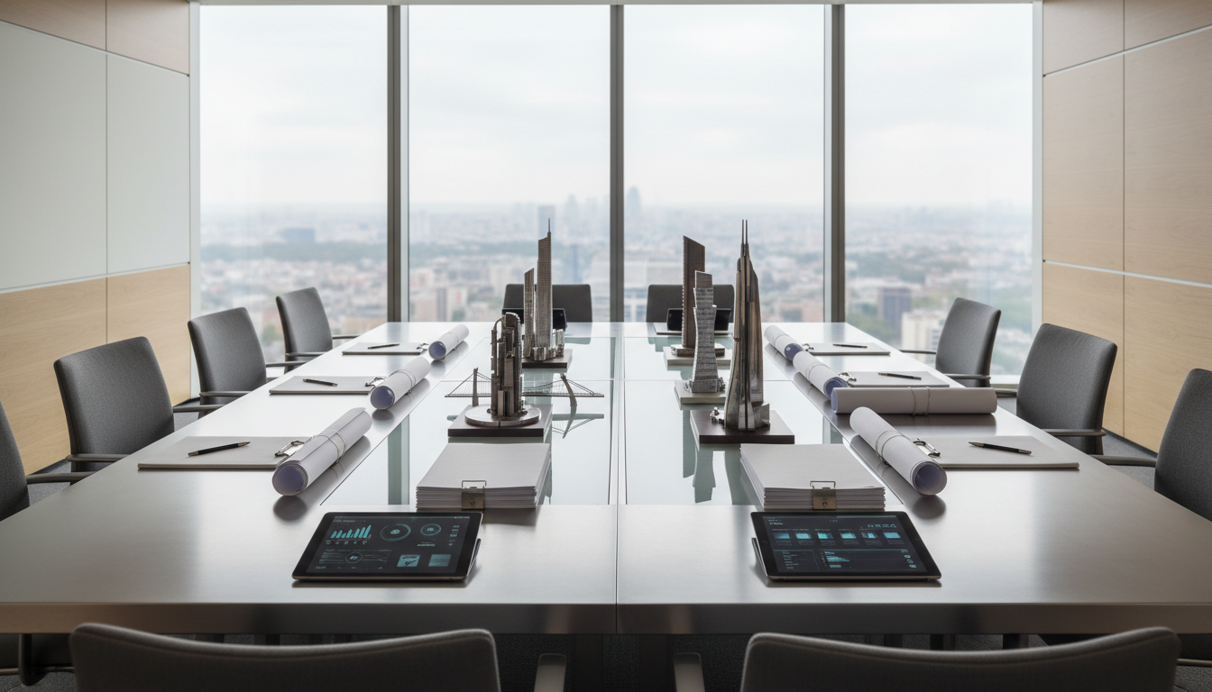 A meticulously organized conference table made of brushed steel and matte glass, showcasing neatly arranged documents, architectural blueprints, metal scale models of modern structures, and sleek digital tablets. The setting is an ultra-modern corporate boardroom with neutral-toned walls, subtle wood accents, and panoramic windows revealing a softly blurred city skyline. The space is bathed in diffused overcast daylight, creating distinct, clean lines and gentle highlights along the surfaces. The composition uses a slightly elevated, wide-angle perspective, presenting a balanced, uncluttered layout with sharp focus throughout. The mood is calm, professional, and composed, perfectly capturing a business-oriented, structured consulting environment. The photographic style is clean, modern, and aligned with a high-end corporate aesthetic.