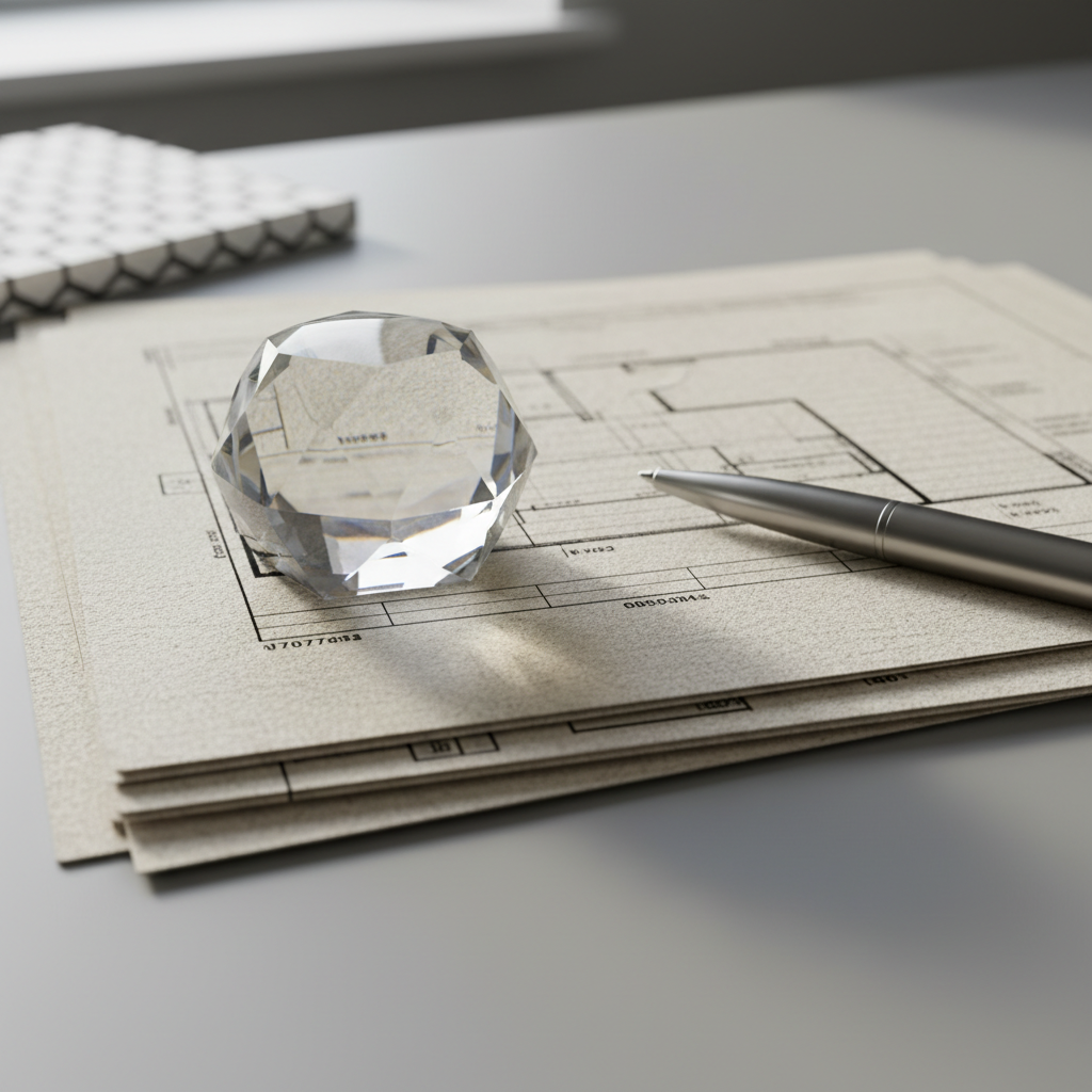 A close-up of a crystalline glass paperweight resting atop a stack of finely textured construction schedules printed on heavy ivory paper, with a stainless-steel pen artfully placed beside. These objects sit on a minimalist, light grey desk surface with a geometric notepad in the corner. Soft daylight streams from a nearby window, creating gentle reflections in the glass and subtle shadowing under the pen and papers. Captured from an eye-level perspective with a shallow depth of field, the image highlights the tactile details of the materials while maintaining clarity in focus. The atmosphere is focused and refined, communicating precision and professionalism relevant to construction advisory work. The style is photographic realism with a crisp, neutral palette and a clear sense of order.